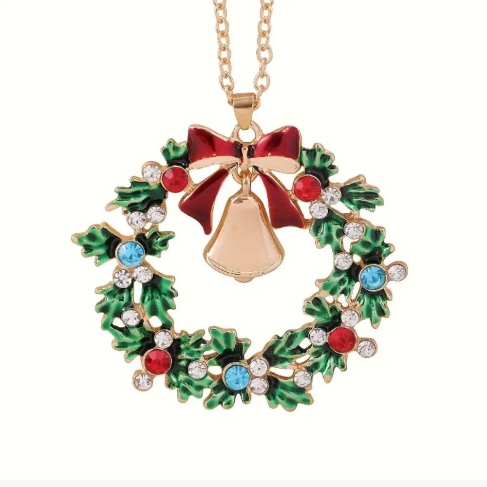 Gold Christmas Bell Wreath Pendant Necklace